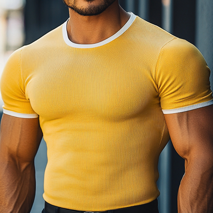 Men's Colorblock T-shirt | Elastic Stripe Design | Slim Fit | Short Sleeve | Round Neck | Casual Top | Soft Cotton Polyester | Fresh Trendy Look | MTA2794D5M