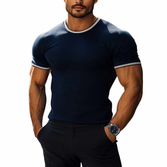 Men's Slim Fit Color Blocked Knitted Short Sleeve Sweater | Casual Round Neck Top | Soft Breathable Fabric | Modern Style | Versatile Layering | Easy Care | Multiple Sizes Available