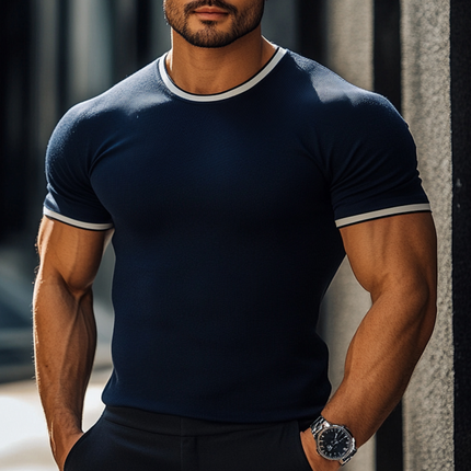 Men's Slim Fit Color Blocked Knitted Short Sleeve Sweater | Casual Round Neck Top | Soft Breathable Fabric | Modern Style | Versatile Layering | Easy Care | Multiple Sizes Available