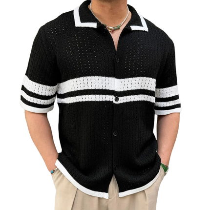 Men's Slim Fit Knitted Short Sleeve Shirt | Color Block Striped Lapel | Casual Single Breasted Design | Breathable Premium Fabric | Versatile Style | Ideal for Warm Weather | Available in Multiple Sizes