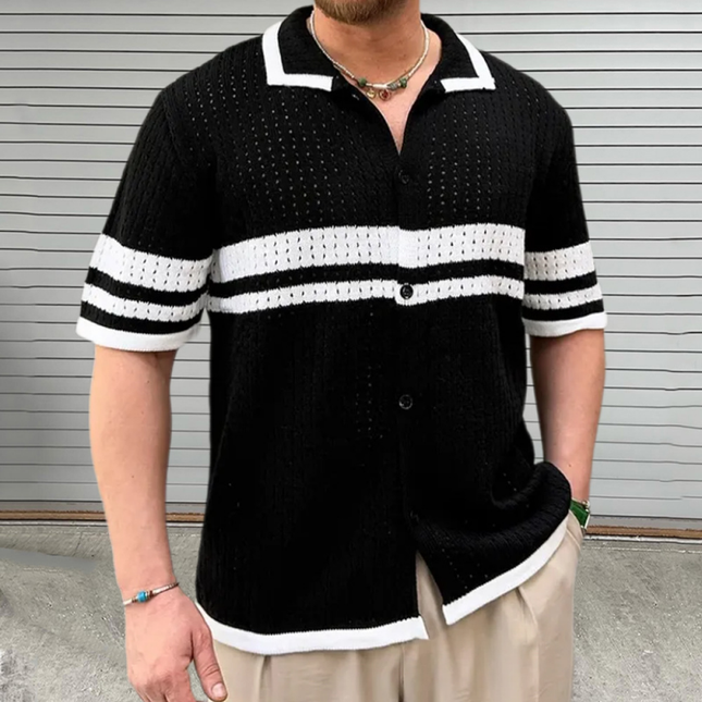 Men's Slim Fit Knitted Short Sleeve Shirt | Color Block Striped Lapel | Casual Single Breasted Design | Breathable Premium Fabric | Versatile Style | Ideal for Warm Weather | Available in Multiple Sizes