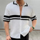 Men's Slim Fit Knitted Short Sleeve Shirt | Color Block Striped Lapel | Casual Single Breasted Design | Breathable Premium Fabric | Versatile Style | Ideal for Warm Weather | Available in Multiple Sizes