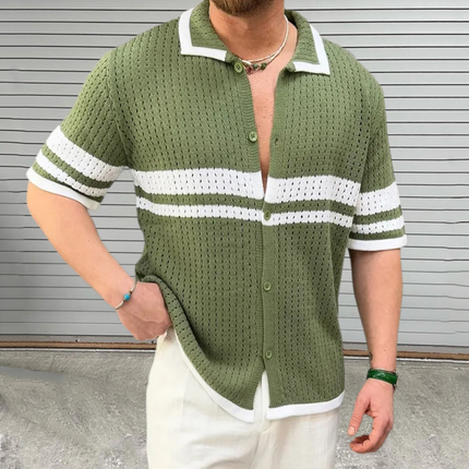 Men's Slim Fit Knitted Short Sleeve Shirt | Color Block Striped Lapel | Casual Single Breasted Design | Breathable Premium Fabric | Versatile Style | Ideal for Warm Weather | Available in Multiple Sizes