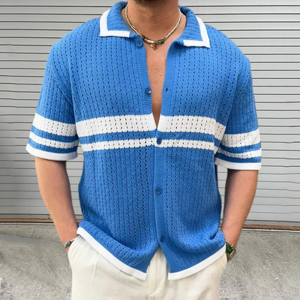 Men's Slim Fit Knitted Short Sleeve Shirt | Color Block Striped Lapel | Casual Single Breasted Design | Breathable Premium Fabric | Versatile Style | Ideal for Warm Weather | Available in Multiple Sizes