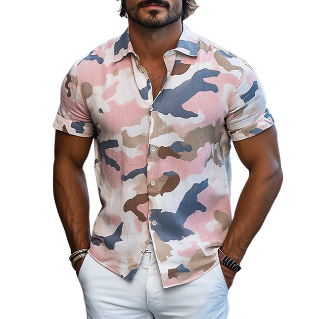Men's Camouflage Short-Sleeved Shirt | Summer Cotton Linen Blend | Casual Button-Down | Breathable Relaxed Fit | Trendy Print for Outdoor Adventures and Casual Outings