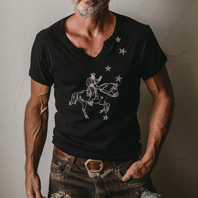 Men's Embroidered Linen T-Shirt | Summer Cowboy Outfit | Short Sleeve | Breathable Casual Top | Western Style Fashion | Relaxed Fit | Lightweight Comfort | Premium Quality