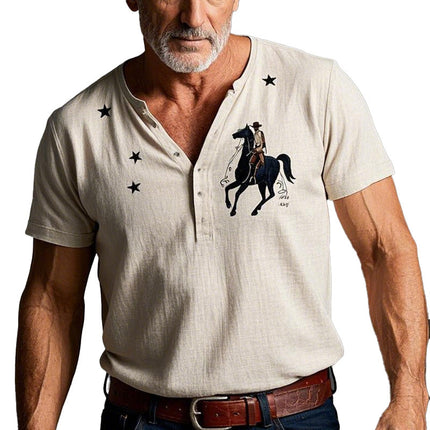 Men's Henley Shirt | Summer Fashion | Short Sleeve | Denim Style Print | Linen Fabric | Casual Wear | Modern Design | Printed Top | Breathable Comfort | Versatile Men's Apparel