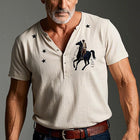 Men's Henley Shirt | Summer Fashion | Short Sleeve | Denim Style Print | Linen Fabric | Casual Wear | Modern Design | Printed Top | Breathable Comfort | Versatile Men's Apparel