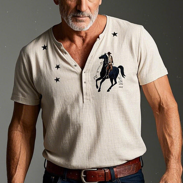 Men's Henley Shirt | Summer Fashion | Short Sleeve | Denim Style Print | Linen Fabric | Casual Wear | Modern Design | Printed Top | Breathable Comfort | Versatile Men's Apparel