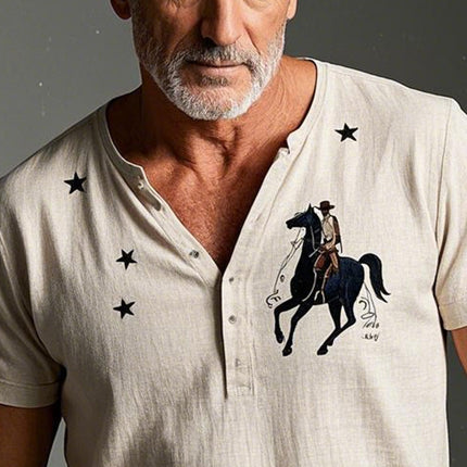 Men's Henley Shirt | Summer Fashion | Short Sleeve | Denim Style Print | Linen Fabric | Casual Wear | Modern Design | Printed Top | Breathable Comfort | Versatile Men's Apparel