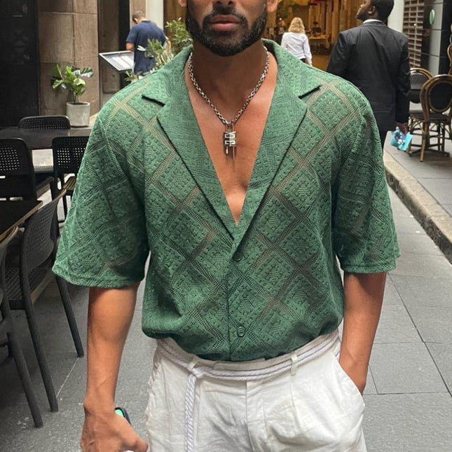 Men's Vacation Shirt | Solid Lace Short Sleeve | Lightweight & Breezy | Elegant Texture | Relaxed Fit | Versatile Summer Apparel