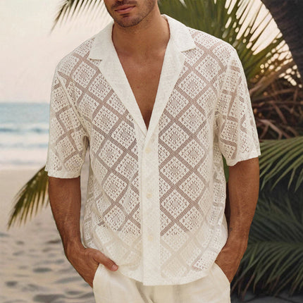 Men's Vacation Shirt | Solid Lace Short Sleeve | Lightweight & Breezy | Elegant Texture | Relaxed Fit | Versatile Summer Apparel
