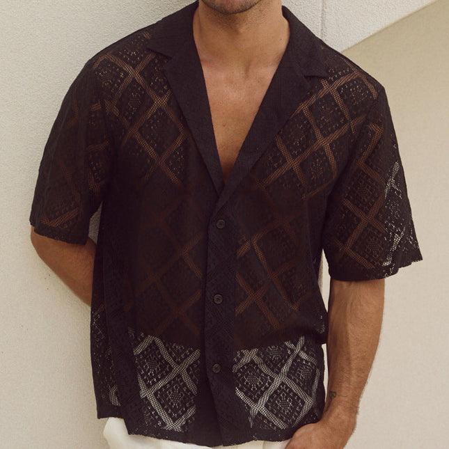 Men's Vacation Shirt | Solid Lace Short Sleeve | Lightweight & Breezy | Elegant Texture | Relaxed Fit | Versatile Summer Apparel