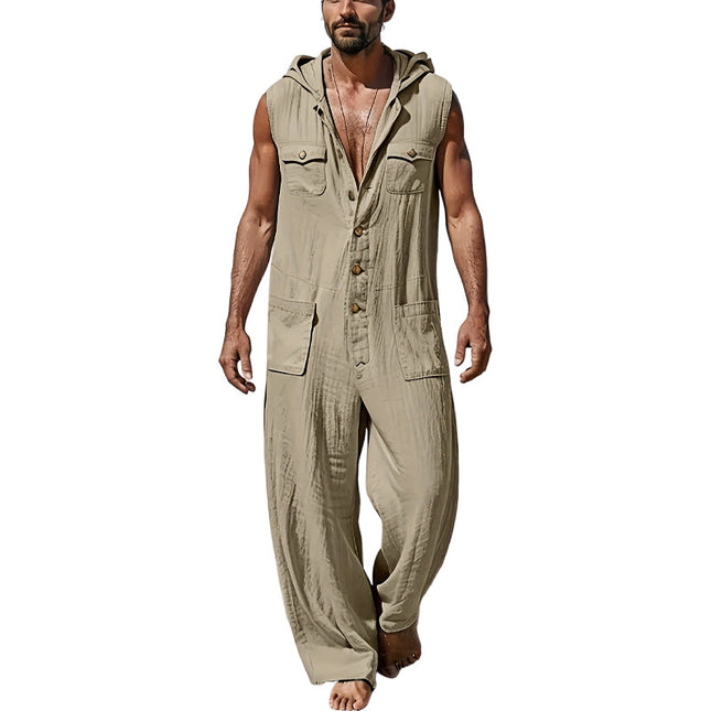 Men's Hooded Jumpsuit | Casual Cotton Linen Blend | Relaxed Fit | Neutral Tones | Spacious Pockets | Machine Washable | Versatile Style | Comfortable Resort Wear
