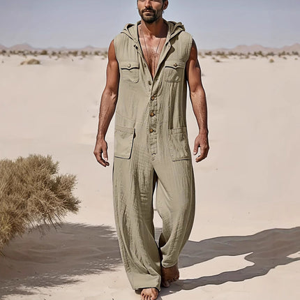 Men's Hooded Jumpsuit | Casual Cotton Linen Blend | Relaxed Fit | Neutral Tones | Spacious Pockets | Machine Washable | Versatile Style | Comfortable Resort Wear