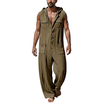 Men's Hooded Jumpsuit | Casual Cotton Linen Blend | Relaxed Fit | Neutral Tones | Spacious Pockets | Machine Washable | Versatile Style | Comfortable Resort Wear
