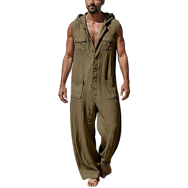 Men's Hooded Jumpsuit | Casual Cotton Linen Blend | Relaxed Fit | Neutral Tones | Spacious Pockets | Machine Washable | Versatile Style | Comfortable Resort Wear