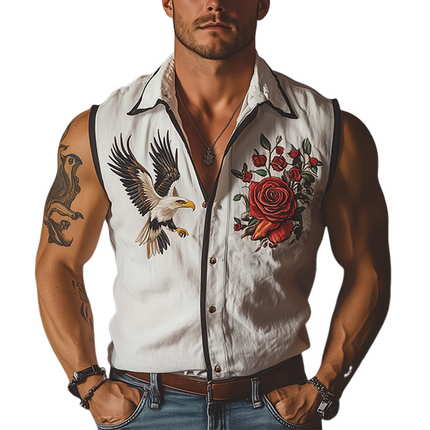 Men's Sleeveless Shirt | Retro Western Style | Rose & Eagle Embroidery | Cotton Linen Blend | Summer Fashion | Casual Wear | Breathable Fabric | Lightweight & Comfortable | Versatile Styling | Relaxed Fit