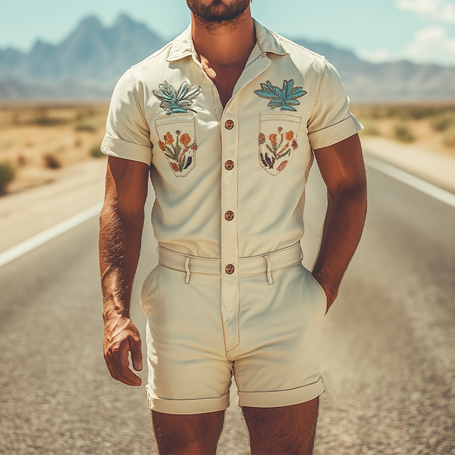 Men’s Embroidered Twill Cotton Jumpsuit | Summer Fashion | Western Style | Casual & Durable | Multiple Pockets | Breathable Fabric | Relaxed Fit | Elegant Patterns | Versatile Wear | Contemporary Men's Apparel
