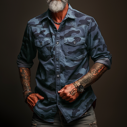Men's Camouflage Print Cargo Shirt | Classic Lapel Collar | Long Sleeves with Buttoned Cuffs | Durable Cotton Blend | Regular Fit | Chest and Cargo Pockets | Front Button Closure | Sizes S-XXXL