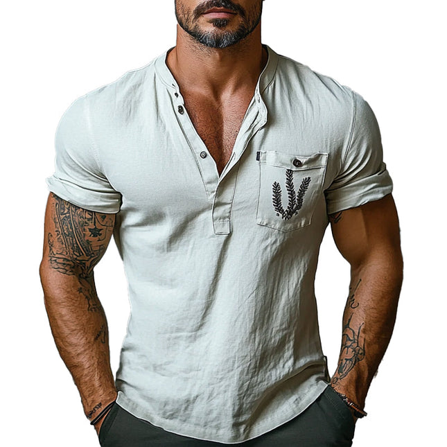 Men's Henley Neck T-Shirt | Casual Pocket Print | Short Sleeve | Cotton Blend | Soft & Breathable | Versatile Style | Relaxed Fit | Easy Layering | Available Sizes S-3XL | Ideal for Warm Weather