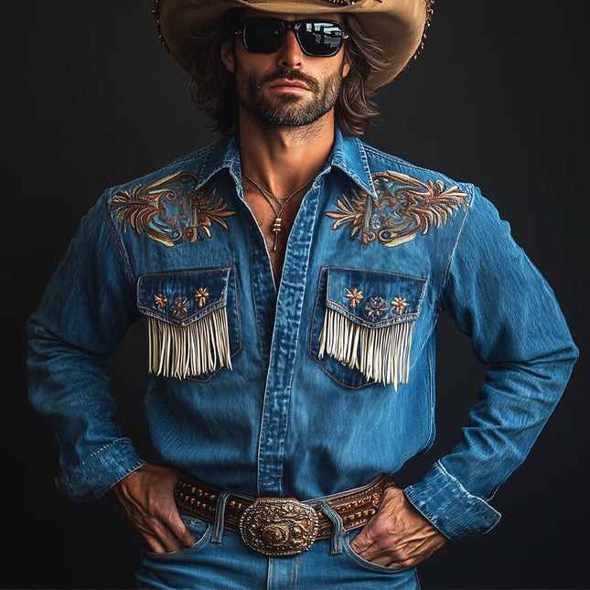 Men's Vintage Dark Blue Western Shirt | Embroidered Tassel Denim | Long Sleeve | Traditional Lapel Collar | Button Closure | Chest Pockets | Durable Cotton | Regular Fit | Casual Wear | Timeless Style