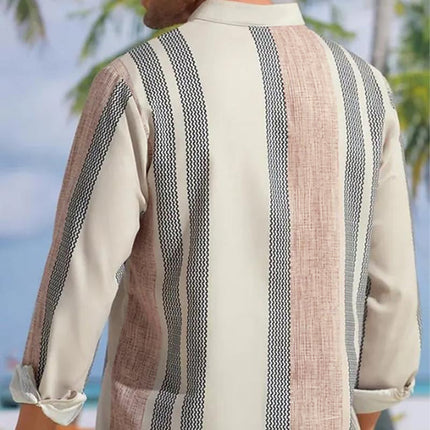 Men's V-neck Striped Cotton Linen Shirt | Loose Fit Casual Lapel | Lightweight Breathable Fabric | Stylish Print | Perfect for Spring Summer | Versatile Fashion Apparel | Classic Comfy Design