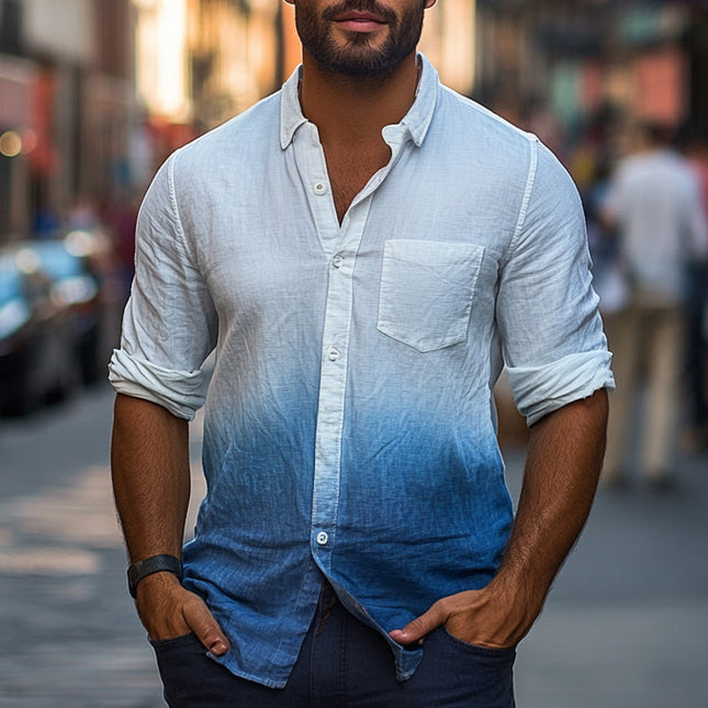 Men's Casual Shirt | Blue Gradient Tie-Dye | Skin-Friendly Cotton | Relaxed Fit | Classic Lapel Collar | Breathable Soft Fabric | Versatile Modern Design | All Day Comfort | Sizes S-3XL | Ocean Waves Style