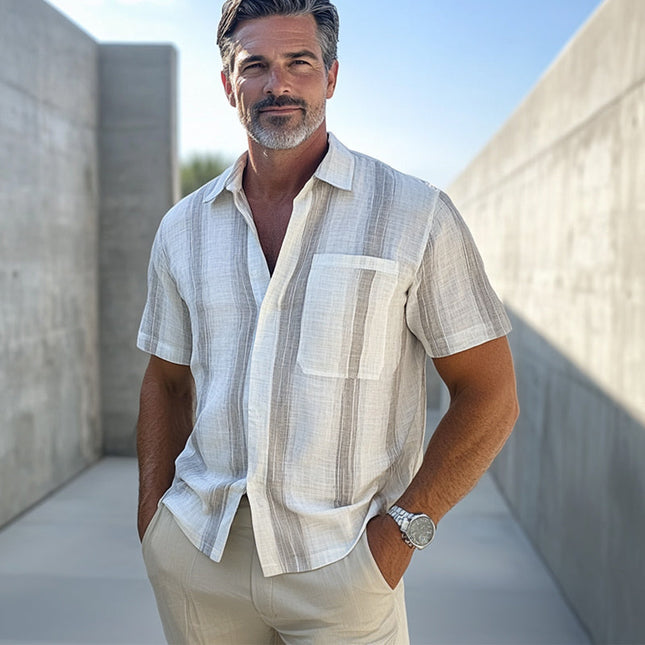 Men's Vertical Striped Shirt | Short-Sleeve | Casual Cotton Linen Blend | Breathable & Lightweight | Relaxed Fit | Button-Down Collar | Stylish Summer Top | Perfect for Casual Outings