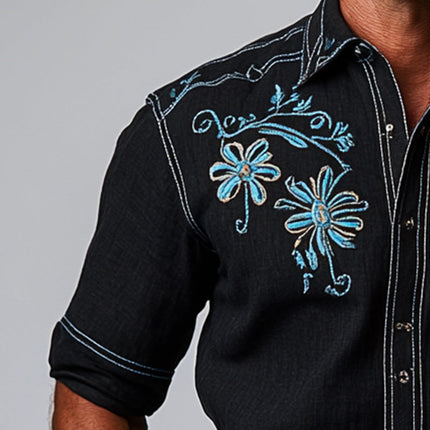 Men's Embroidered Denim Style Shirt | Cotton Blend | Short Sleeve | Casual Summer Top | Breathable & Durable | Versatile Colors | Comfortable Relaxed Fit | Stylish Embroidery | Ideal for Day & Evening