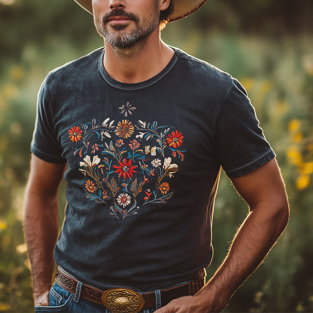 Men's Vintage Floral Embroidery T-Shirt | Round Neck | Short Sleeve | Premium Cotton | Artistic Vintage Style | Breathable Soft Fabric | Casual Summer Fashion | Exquisite Floral Design