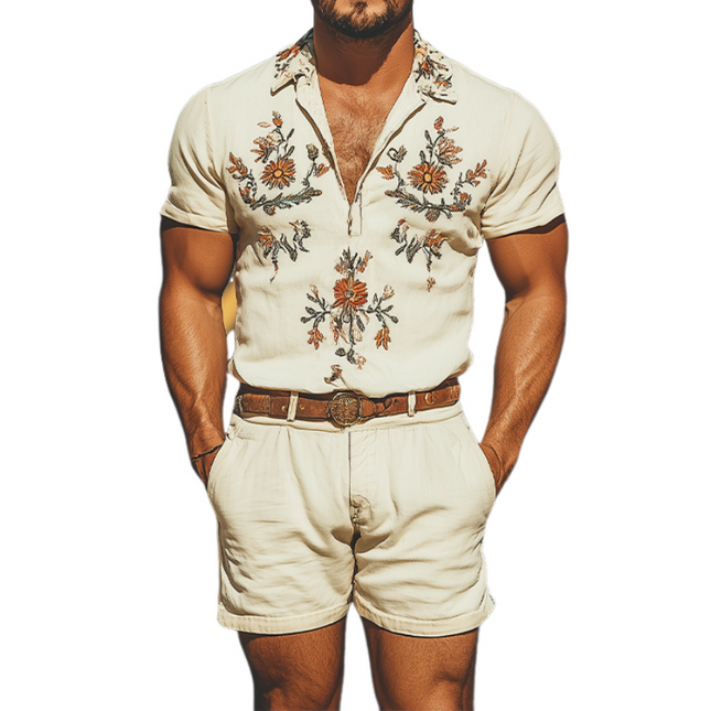 Men's Summer Jumpsuit | Deep V Neck Western Style | Cotton Linen Blend | Embroidered Design | Relaxed Fit | Breathable Fabric | Casual Vacation Wear | Stylish & Comfortable | Practical Pockets