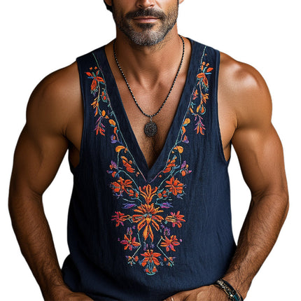 Men's Cotton Linen Tank Top | Deep V-Neck | Vintage Floral Embroidery | Sleeveless | Breathable Summer Wear | Casual Beach Festivals | Machine Washable | Sizes S-3XL