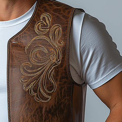 Men's Western Cowboy Leather Vest | Embroidered Summer Style | High-Quality Durable Leather | Lightweight & Breathable | Button-Down Closure | Traditional Western Patterns | Stylish Outerwear