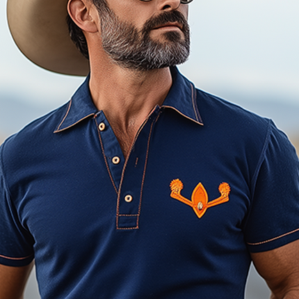 Men's Short Sleeve Polo Shirt | Retro Western Style | Cotton Blend | Contrast Color Embroidery | Slim Fit | Classic Polo Collar with Button Placket | Versatile Casual Wear