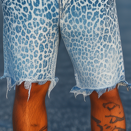 Men's Denim Shorts | Retro Western Cowboy Style | Washed Gradient | Leopard Print | Loose Fit | Raw Edge Finish | Summer Fashion | Casual Comfort | High-Quality Fabric | Trendy Raw Hem | Bold Modern Design