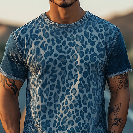 Men's Retro Western Cowboy T-Shirt | Denim Jacquard Fabric | Leopard Print | Short Sleeve | Stylish Vintage Design | Comfortable Fit | Durable | Breathable