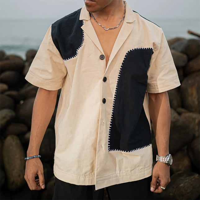 Men's Cotton Shirt | Casual Loose Fit | Contrast Patchwork Design | Short Sleeves | Breathable Fabric | Comfortable Streetwear | Turn-Down Collar | Premium Quality | Fashionable and Unique Style | Versatile Men's Top