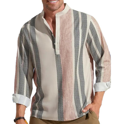 Men's V-neck Striped Cotton Linen Shirt | Loose Fit Casual Lapel | Lightweight Breathable Fabric | Stylish Print | Perfect for Spring Summer | Versatile Fashion Apparel | Classic Comfy Design