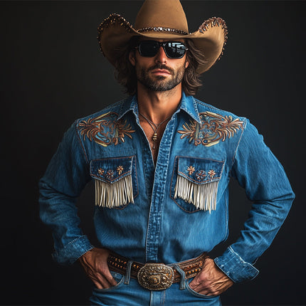 Men's Vintage Dark Blue Western Shirt | Embroidered Tassel Denim | Long Sleeve | Traditional Lapel Collar | Button Closure | Chest Pockets | Durable Cotton | Regular Fit | Casual Wear | Timeless Style