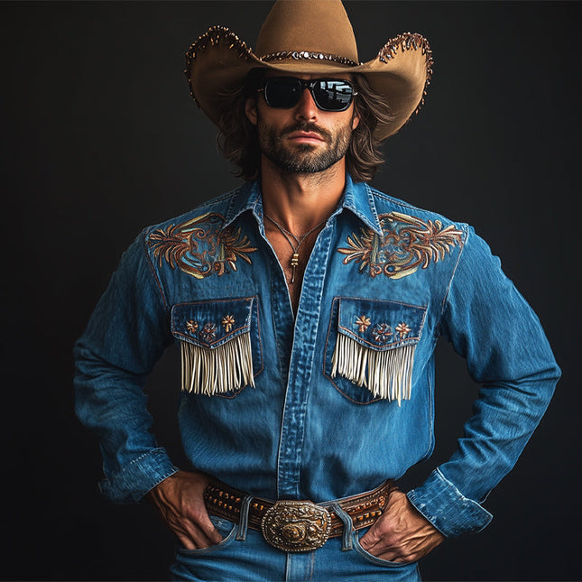 Men's Vintage Dark Blue Western Shirt | Embroidered Tassel Denim | Long Sleeve | Traditional Lapel Collar | Button Closure | Chest Pockets | Durable Cotton | Regular Fit | Casual Wear | Timeless Style