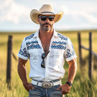 Men's Western Cowboy Shirt | Aztec Print | Short Sleeve | Classic Lapel Collar | Cotton Blend | Button-Up Front | Relaxed Fit | Vibrant Patterns | Casual Summer Wear | Bold Statement | Multiple Sizes Available