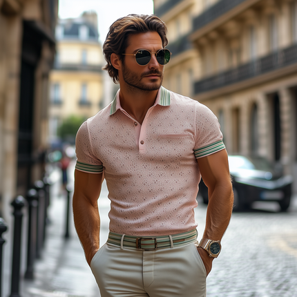 Men's Striped Polo Shirt | Lapel Collar | Short Sleeve | Casual Fashion | Breathable Fabric | Regular Fit | Versatile Styling | Comfortable Everyday Wear | Ideal for Social Outings | Multiple Sizes Available