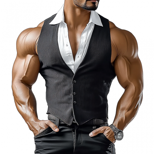 Men's Slim Fit Fake Two-Piece Vest | Shirt Collar | Single Breasted | Modern Tailored Design | Fashionable Stitching | Formal & Casual Style | Versatile Layering | High Quality Fabric | Multiple Sizes