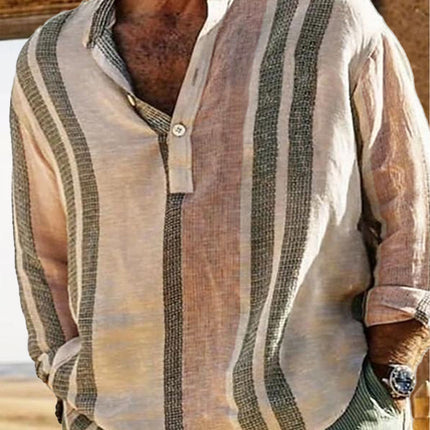 Men's V-neck Striped Cotton Linen Shirt | Loose Fit Casual Lapel | Lightweight Breathable Fabric | Stylish Print | Perfect for Spring Summer | Versatile Fashion Apparel | Classic Comfy Design