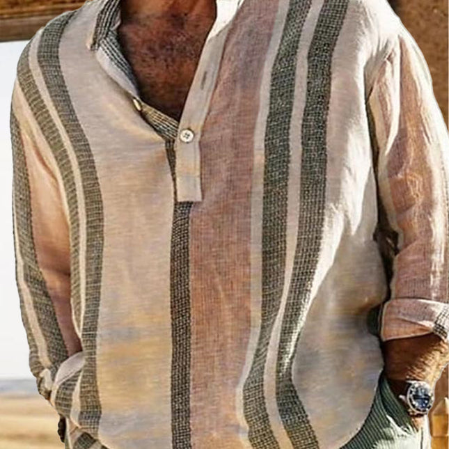 Men's V-neck Striped Cotton Linen Shirt | Loose Fit Casual Lapel | Lightweight Breathable Fabric | Stylish Print | Perfect for Spring Summer | Versatile Fashion Apparel | Classic Comfy Design