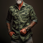 Men's Camouflage Print Cargo Shirt | Classic Lapel Collar | Long Sleeves with Buttoned Cuffs | Durable Cotton Blend | Regular Fit | Chest and Cargo Pockets | Front Button Closure | Sizes S-XXXL