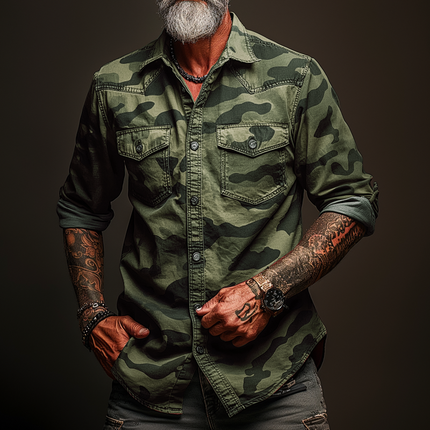 Men's Camouflage Print Cargo Shirt | Classic Lapel Collar | Long Sleeves with Buttoned Cuffs | Durable Cotton Blend | Regular Fit | Chest and Cargo Pockets | Front Button Closure | Sizes S-XXXL