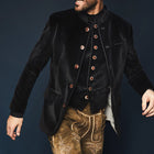 Men's Velvet Slim Jacket | Black Stand Collar | Single Breasted | Elegant Formal Wear | High-Quality Luxury Fabric | Tailored Modern Fit | Versatile Stylish Outerwear | Sophisticated Look | Special Occasions