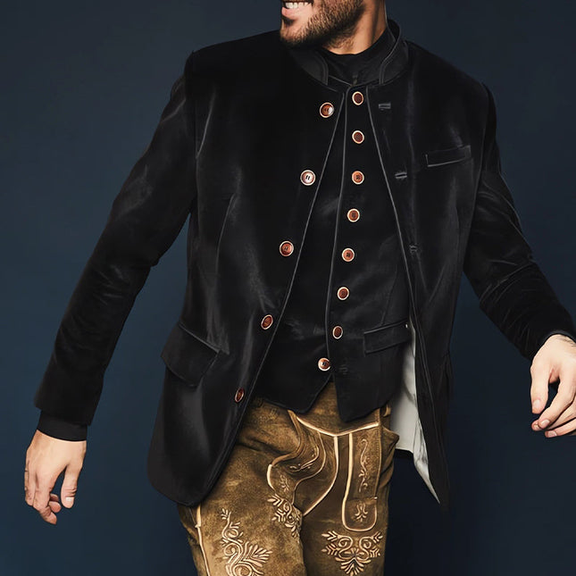 Men's Velvet Slim Jacket | Black Stand Collar | Single Breasted | Elegant Formal Wear | High-Quality Luxury Fabric | Tailored Modern Fit | Versatile Stylish Outerwear | Sophisticated Look | Special Occasions